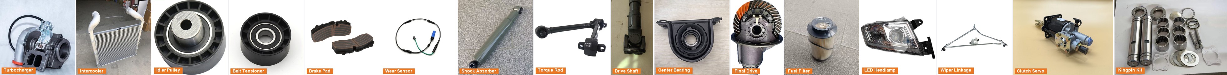 Commercial vehicle parts — turbocharger, intercooler, pulleys, brake pads, shock absorbers, cardan shafts, filters, headlight, wiper linkage, clutch servo, kingpin kit